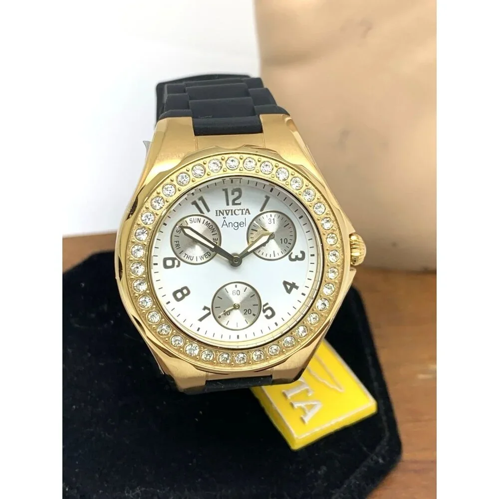 Invicta Women's Watch 1643 Angel Quartz White Dial Gold Black Rubber Strap 38mm